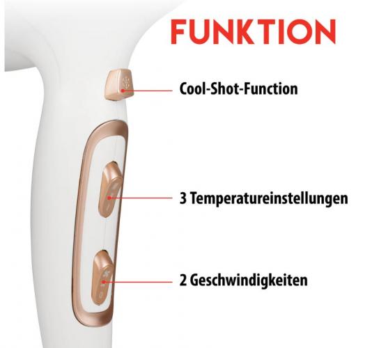 Nahaufnahme eines Haartrockners mit Beschriftung der Funktionen Cool-Shot, Temperatureinstellungen und Geschwindigkeiten