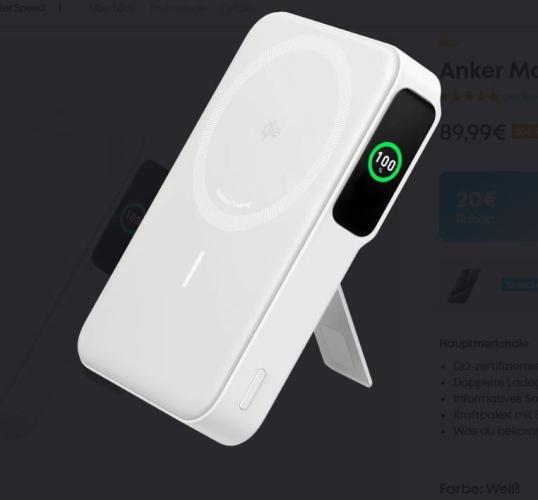 Weißes tragbares kabelloses Ladegerät mit integriertem Ständer und Anzeige für Ladefortschritt