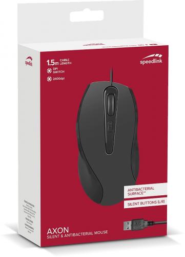 Verpackung der Speedlink Axon Maus mit antibakterieller Oberfläche, 1,5m Kabel, DPI-Schalter und leisen Tasten