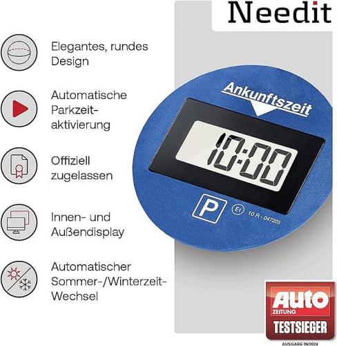 Elektronische Parkscheibe in blauem Design mit automatischer Parkzeitaktivierung und Sommer-/Winterzeitumstellung, Testsieger in Autozeitschrift