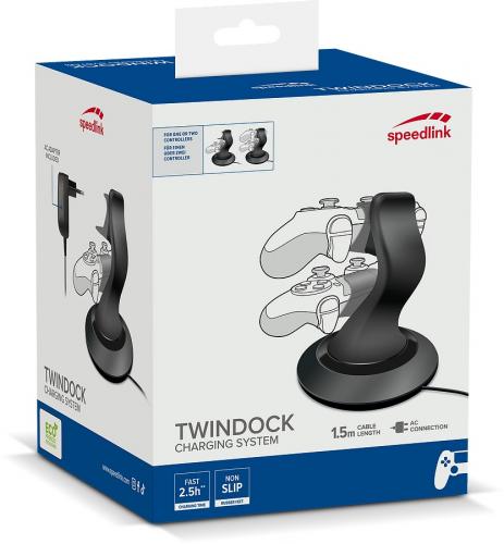 Verpackung des Speedlink Twindock Ladesystems, geeignet für PS4 Controller, mit einer Kabellänge von 1,5 Metern und rutschsicherer Basis