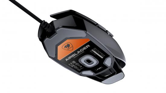 Gaming-Maus in Schwarz und Orange mit Kabel und AirBlader-Logo
