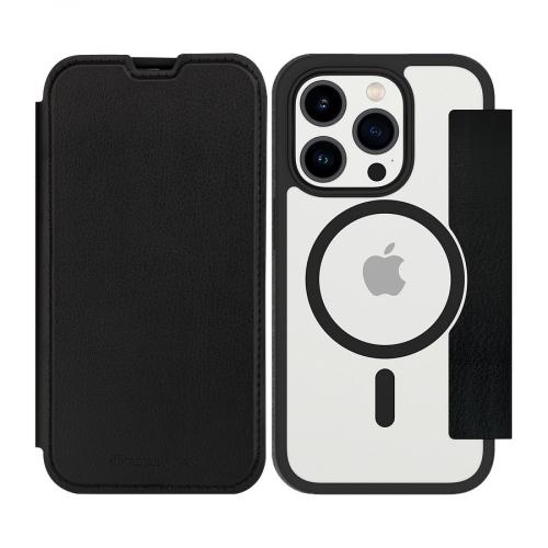 Schwarze Lederhülle mit MagSafe für iPhone, geöffnet nebeneinander liegend
