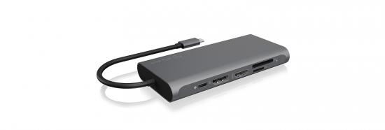 Eleganter USB-C Mehrfachadapter mit mehreren Anschlüssen, darunter HDMI, USB und SD-Kartenleser, ideal für Laptops.